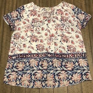 Lucky Brand  BOHO FLORAL PRINTED top Blouse Tie neck 1X Hippie Peasant Festival